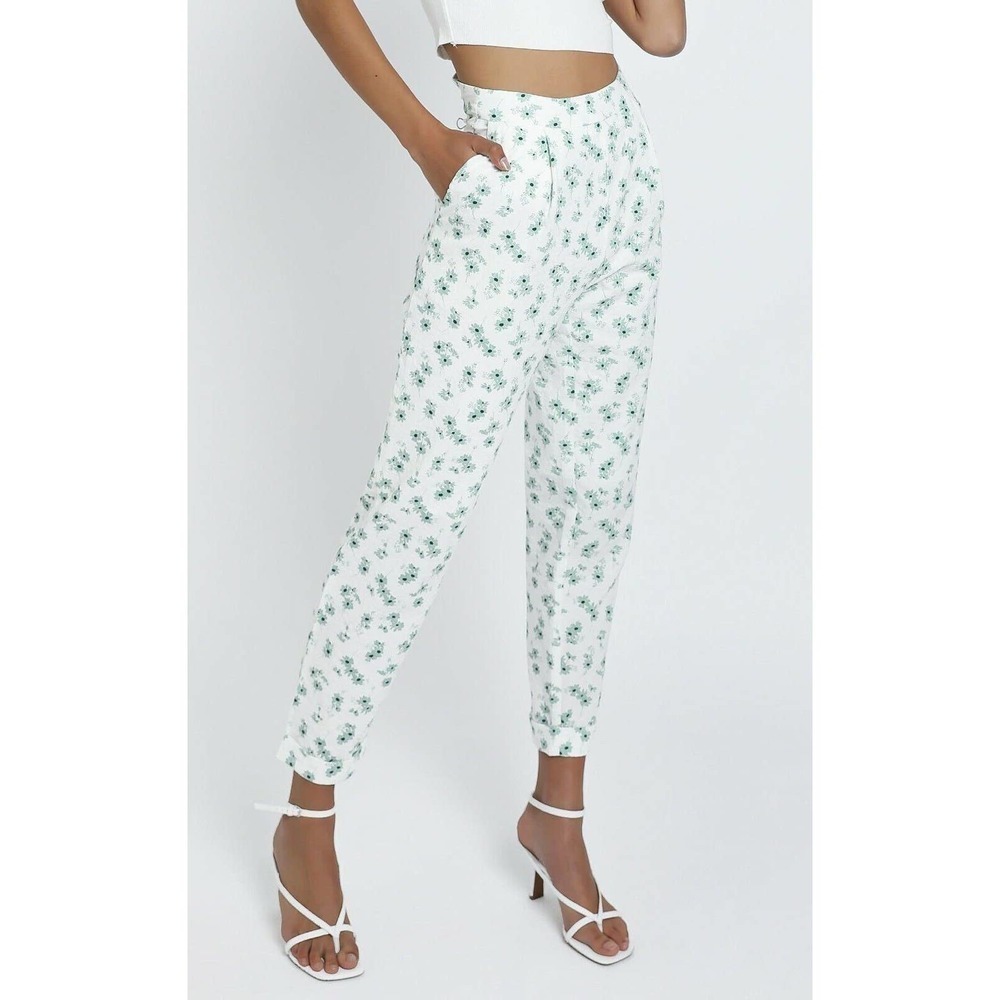 SHOWPO WOMENS SIZE 6 US ADELA SAGE FLORAL PRINT HIGH-WAISTED SPRING SUMMER PANTS